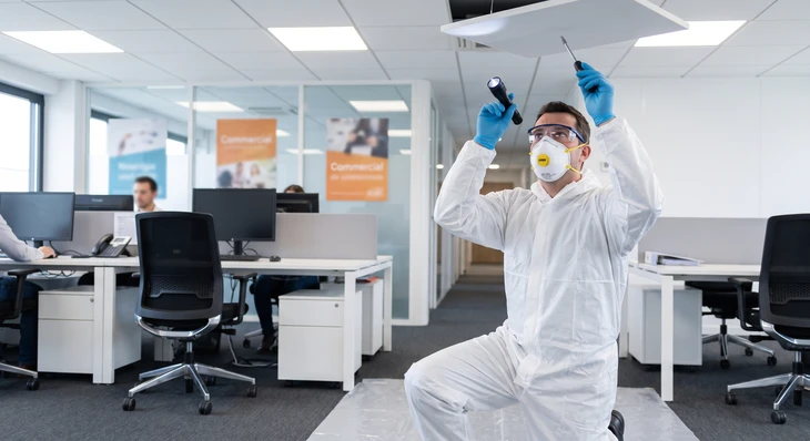 Photographe professionnel expérimenté (ou technicien en costume/tenue professionnelle) effectuant une inspection diagnostique à l'intérieur d'un bâtiment tertiaire ou industriel. Il porte un équipement de protection approprié (masque, gants) et utilise un équipement de diagnostic (détecteur, appareil de mesure). L'image montre la relation professionnelle et le suivi personnalisé : le diagnostiqueur prend des notes, analyse les résultats, ou interagit avec un client/gestionnaire de patrimoine sur le site d'inspection. Environnement professionnel sobre : bâtiment moderne, structure métallique visible, ou intérieur tertiaire. Éclairage naturel ou professionnel mettant en avant le professionnalisme et l'expertise.