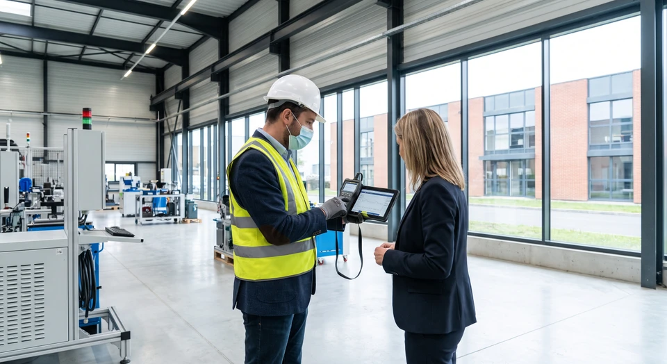 Un diagnostiqueur immobilier professionnel en tenue professionnelle effectuant une inspection minutieuse d'une maison, utilisant des outils de diagnostic spécialisés (détecteur, appareil de mesure) tout en expliquant les résultats à un client propriétaire qui l'écoute attentivement. La scène se déroule à l'intérieur d'une habitation, illustrant le suivi personnalisé et l'accompagnement sur mesure du diagnostic immobilier.