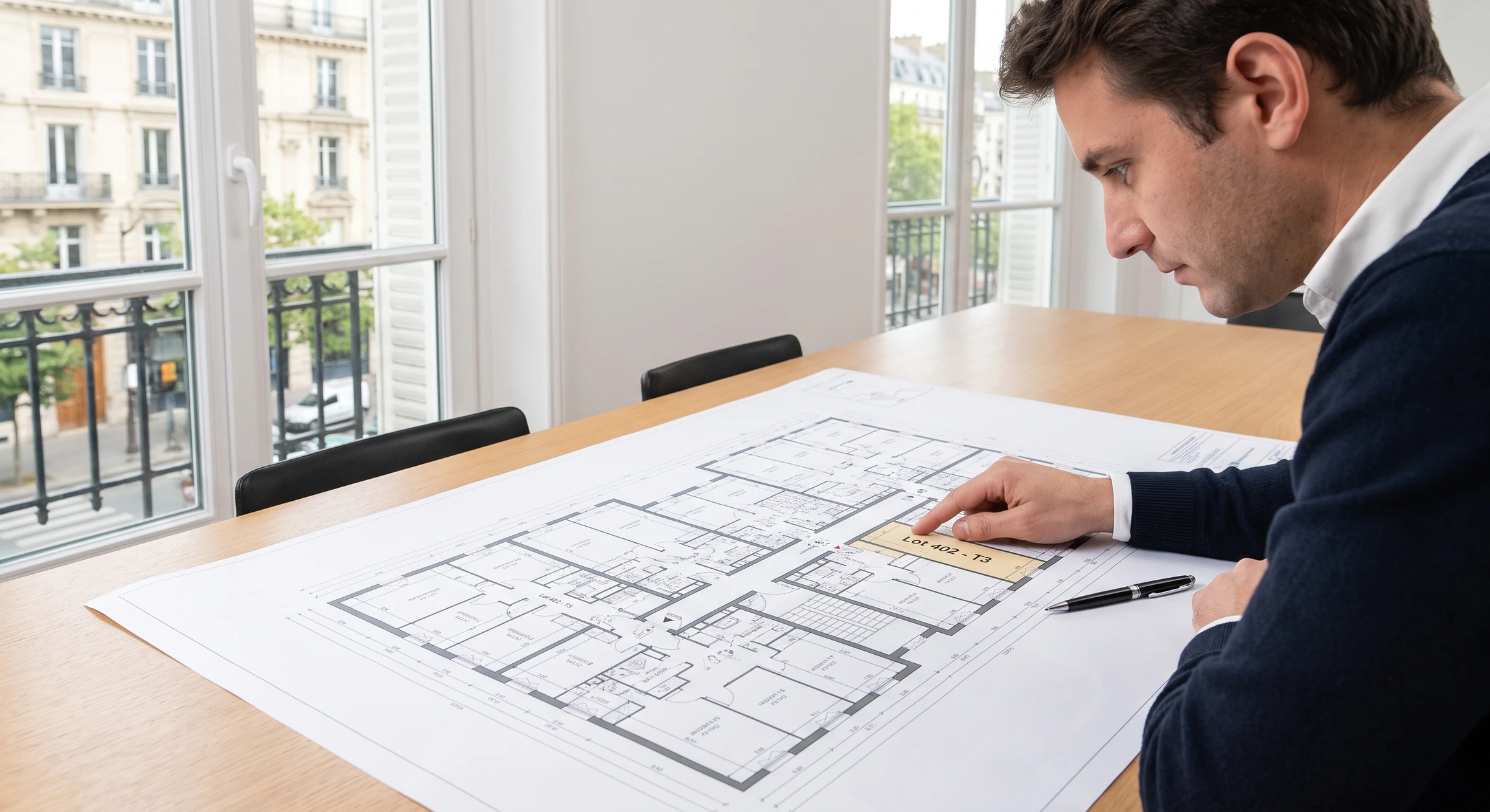 Main tenant un stylo dessine les plans techniques d'une maison avec annotations détaillées