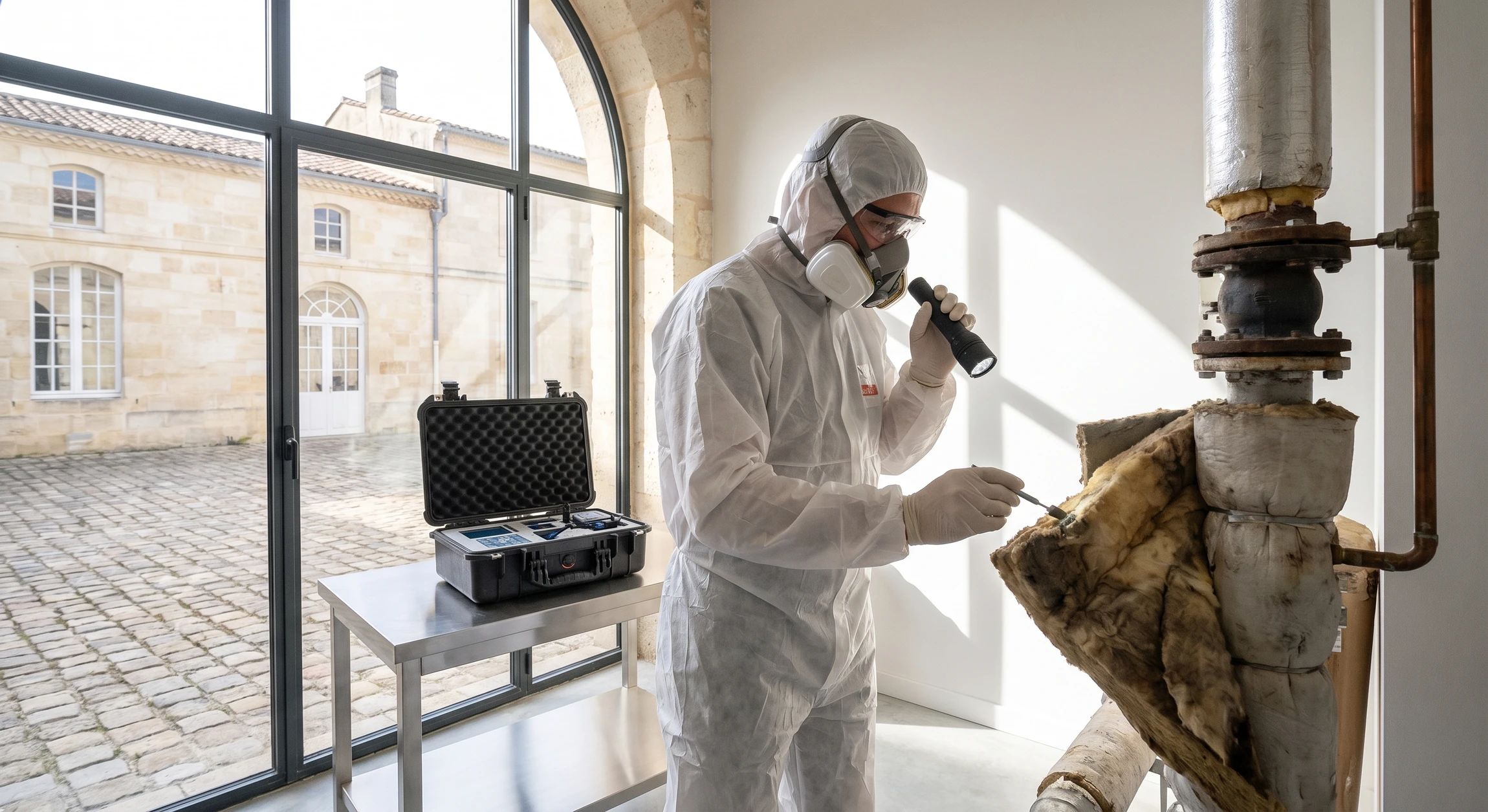 Technicien en tenue professionnelle et équipement de sécurité (masque, gants, combinaison) effectuant un prélèvement ou une inspection d'amiante dans une structure bâtie (poutres, tuyauteries ou isolations visibles d'un bâtiment tertiaire ou industriel), avec outils de diagnostic à proximité. Image professionnelle montrant l'expertise du diagnostic immobilier dans un cadre de bâtiment ancien ou industriel.