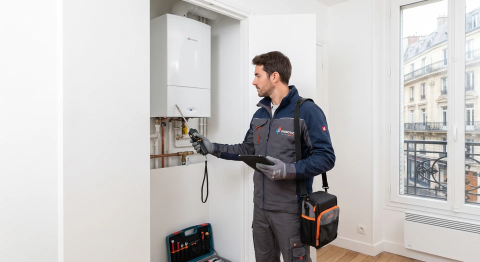 Technicien en diagnostic immobilier effectuant une inspection complète d'un intérieur résidentiel, tenant un équipement de diagnostic professionnel (détecteur, humidimètre ou testeur), inspectant une paroi, un radiateur ou une installation électrique d'une maison. Le technicien porte une tenue professionnelle et des gants. La scène montre le contexte de l'inspection sécurité et conformité d'un bien immobilier avant vente ou location.
