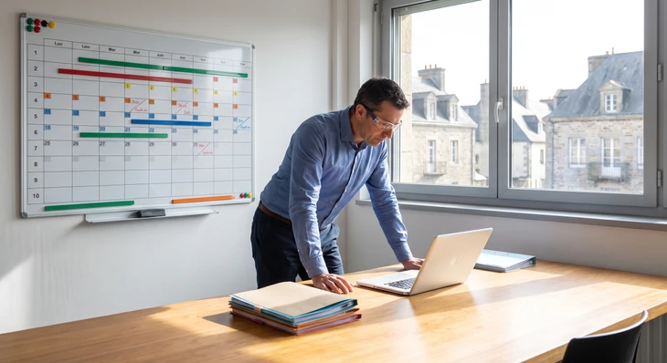 Diagnostiqueur expérimenté en costume-cravate remettant en main propre un rapport de diagnostic amiante à son client dans un bureau professionnel lumineux, rapport clairement visible avec son logo d'entreprise, le diagnostiqueur pointant le document pour expliquer les résultats, ambiance de confiance et de rigueur professionnelle.