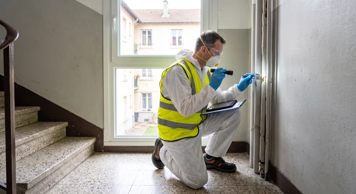 Un homme en environnement industriel porte des équipements de protection individuelle complets : casque de chantier, lunettes de sécurité transparentes, protecteurs auditifs antibruit et gants de travail blancs