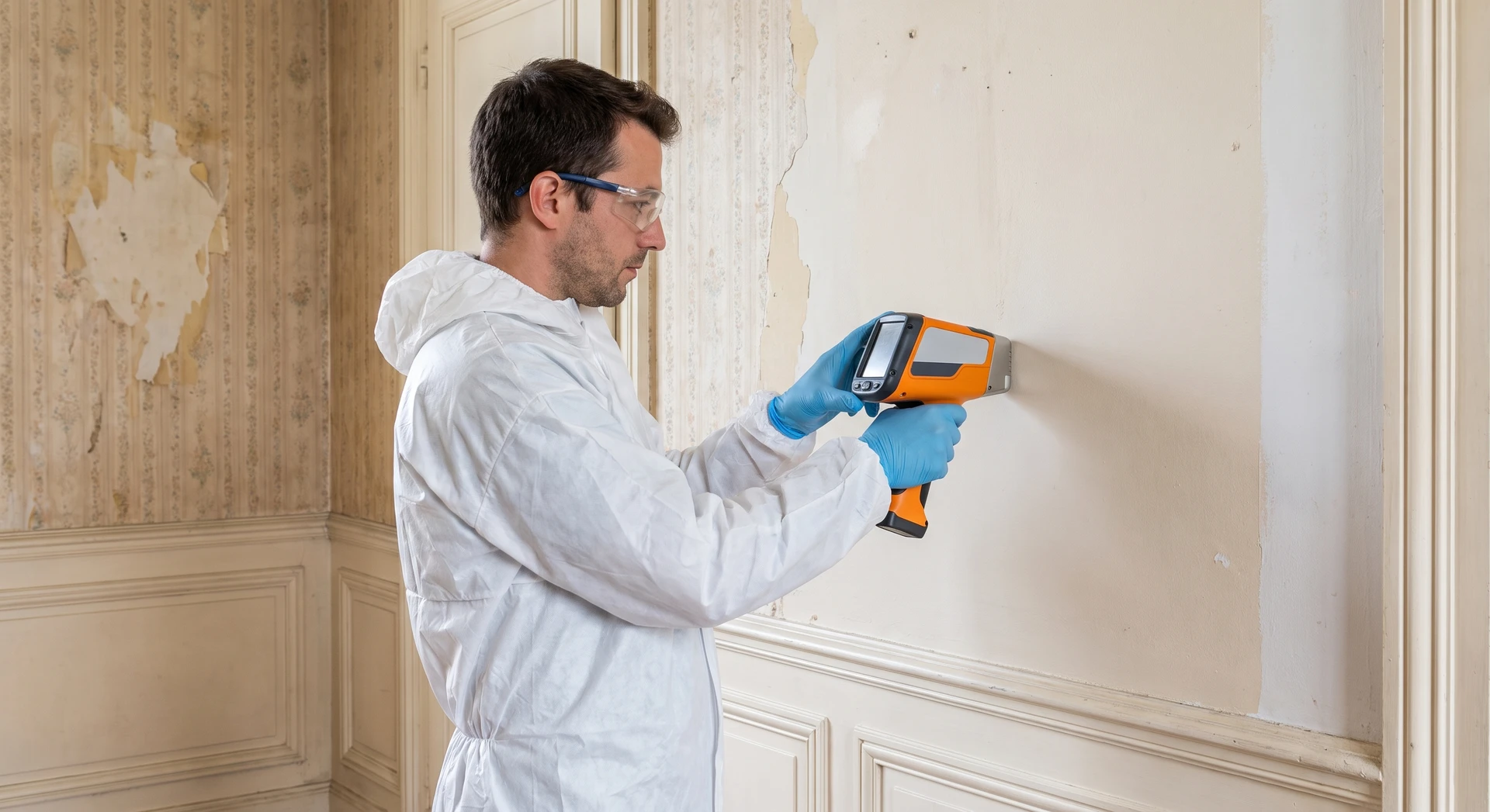 Mains d'un professionnel utilisant un détecteur électronique sur un mur blanc intérieur pour localiser des éléments cachés dans la cloison