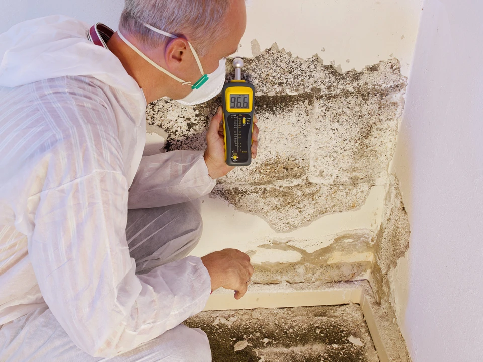 Inspecteur en bâtiment avec casque de sécurité blanc examine une structure en construction, tenant un clipboard et regardant vers le plafond