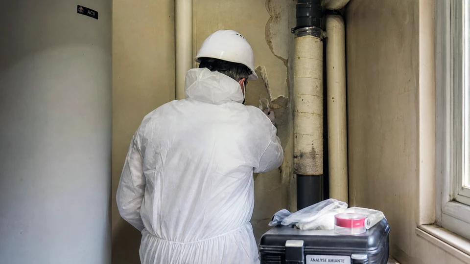 Homme équipé d'un masque respiratoire FFP2 avec valves jaunes et lunettes de protection travaillant au plafond d'un bâtiment